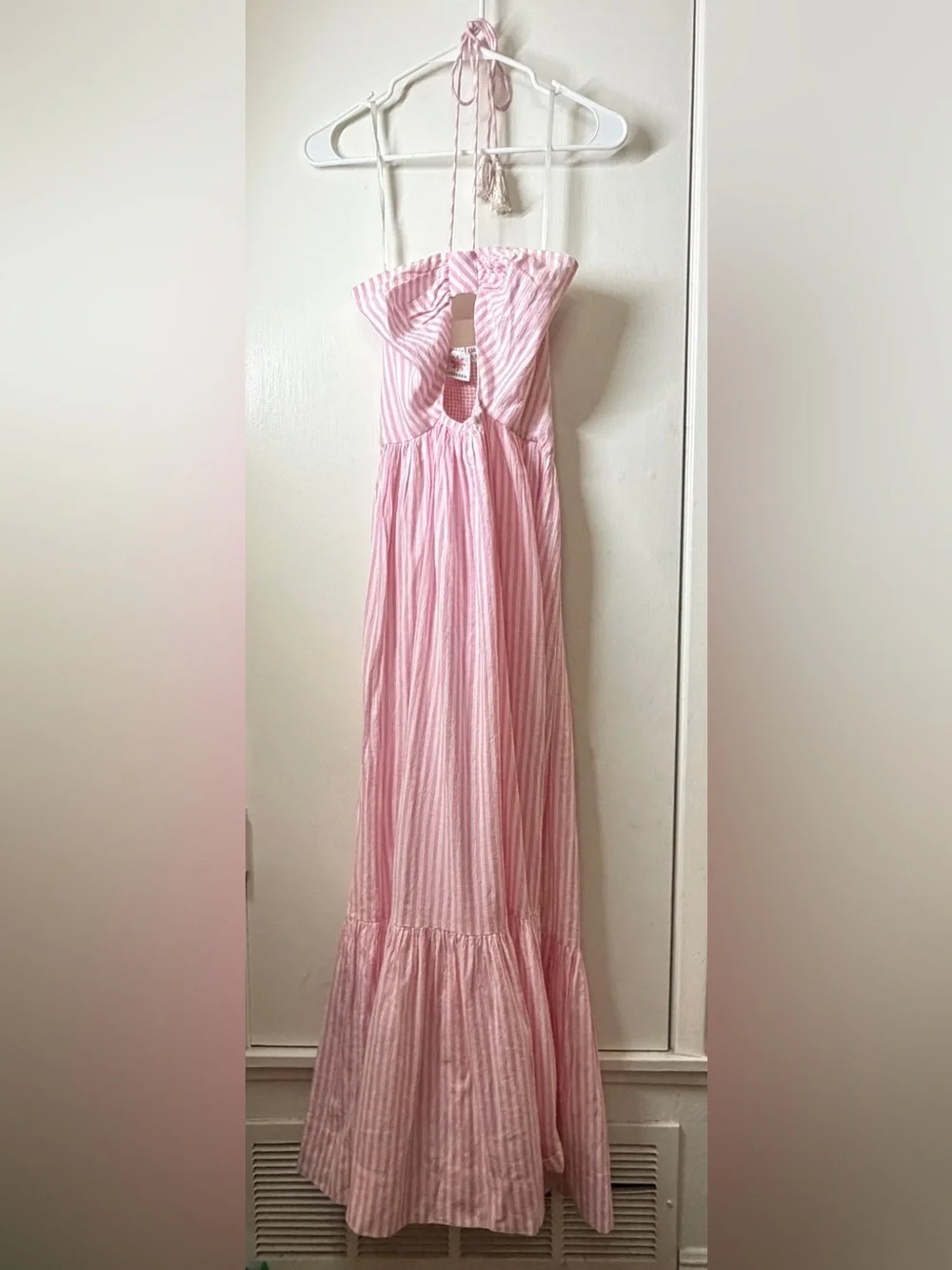 Tessora 100% Cotton Pink White Striped Preppy Cut Out Halter Maxi Dress Small - Picture 2 of 16